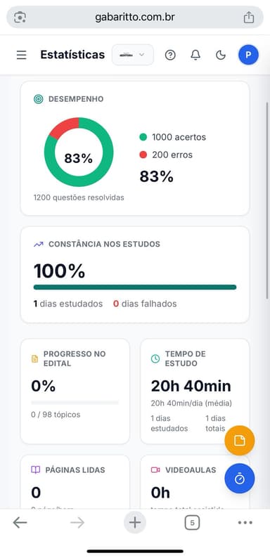 Interface do Gabaritto no celular — versão mobile da plataforma de estudos